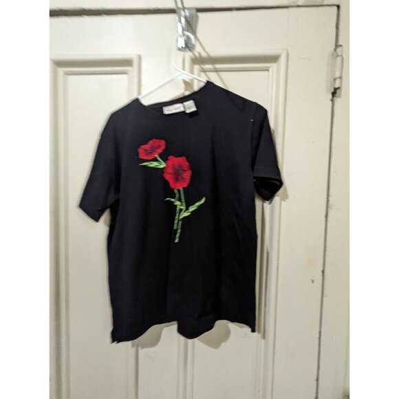KIM ROGERS CASUAL KNIT TOP-Size PM SHORT SLEEVE- Black Red Poppy - Picture 5 of 7